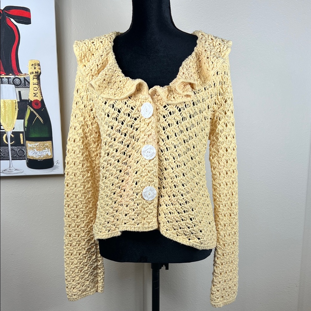 Willow Yellow Open Crochet Cotton Sweater Cardigan | Size Small